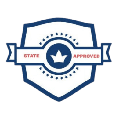 Blue shield with 'State Approved' and star symbol, surrounded by stars.