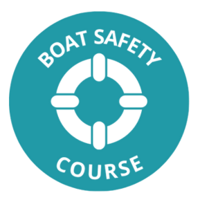 Teal circle with white life preserver and text: 'Boat Safety Course'.
