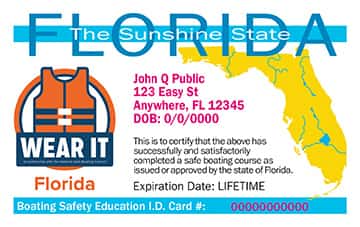 Florida Boating Safety ID card with lifejacket image and map outline.