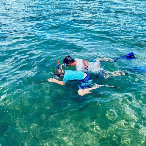 Two people snorkeling in clear blue water, wearing fins and masks.