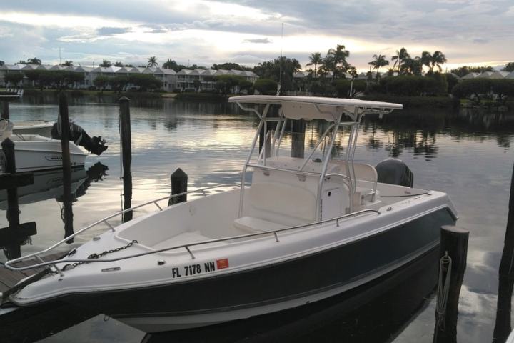 Boat docked at calm marina with houses and palm trees in the background under a cloudy sky.